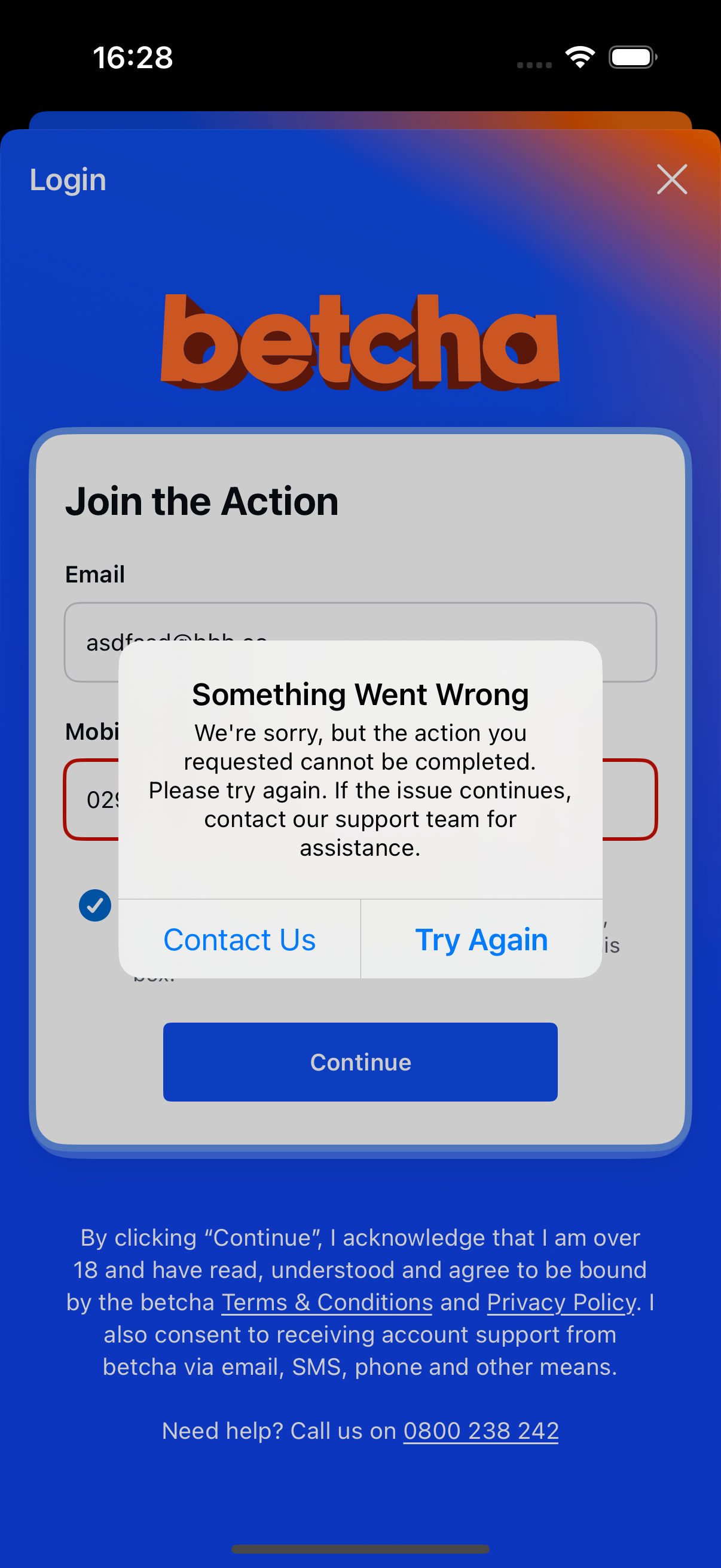 betcha Landing Error Alert