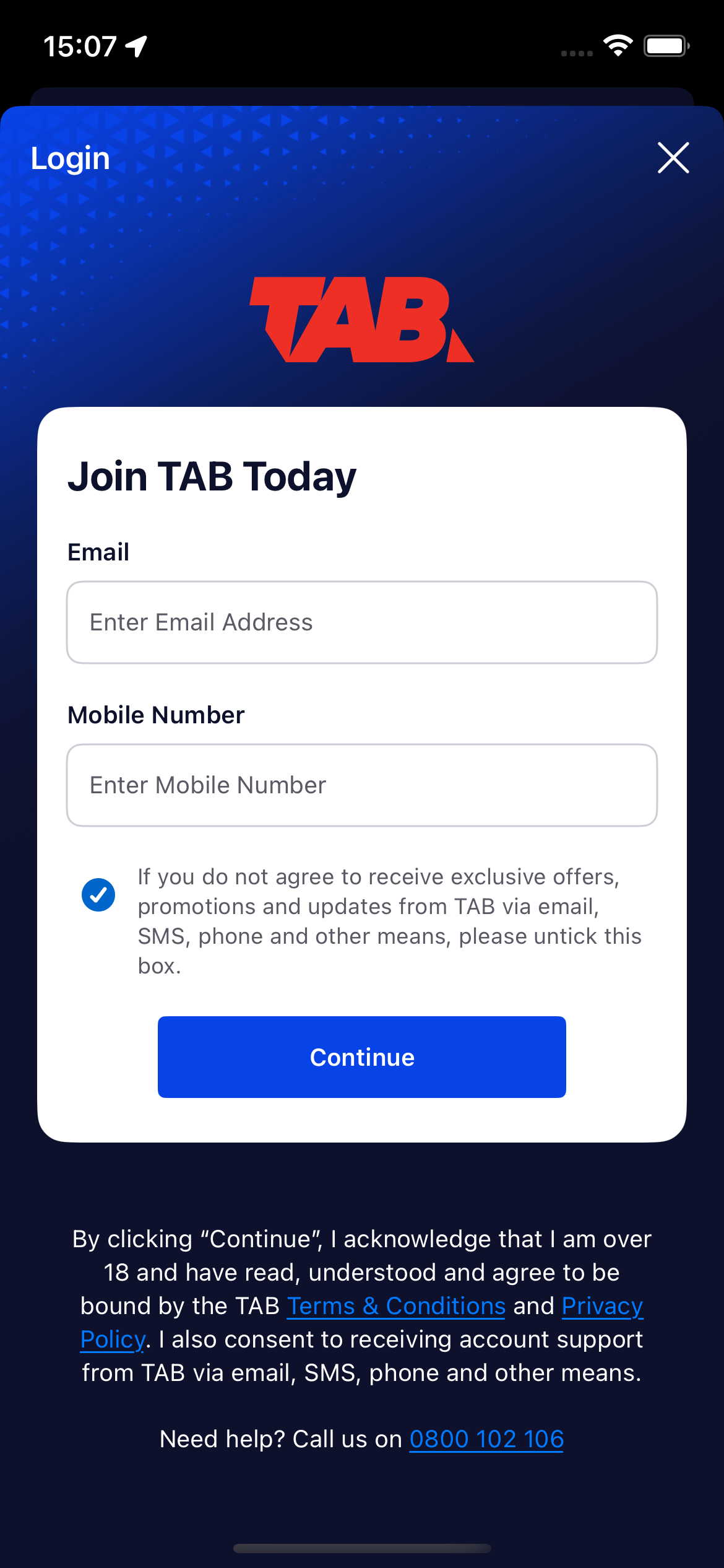 TAB Landing Screen